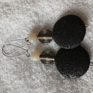 Elegant Black Lava Stone and Tibet Silver White Dragon vein  Silver Earrings